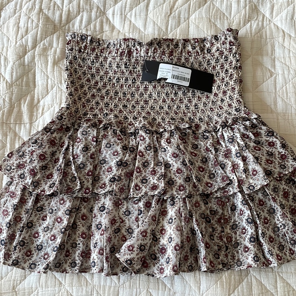 Floral Smocked Tiered Mini Skirt in Beige and Burgundy